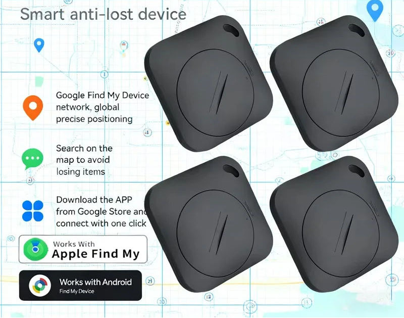 4er Set schwarze Smart Bluetooth Tracker für Hunde und Katzen, kompatibel mit Apple Find My und Google.